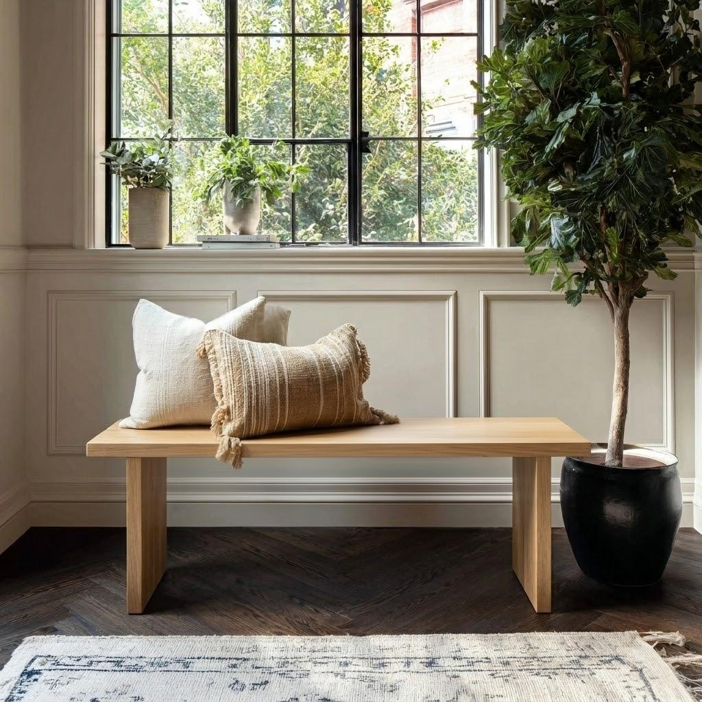 Wooden bench with pillows in a room with large windows and a potted plant.