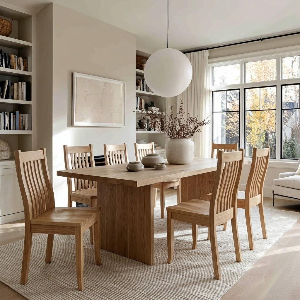 A light natural wood dining table with six matching slatted chairs, styled in a bright, modern dining room with a large white globe pendant light, bookshelves, and a window.