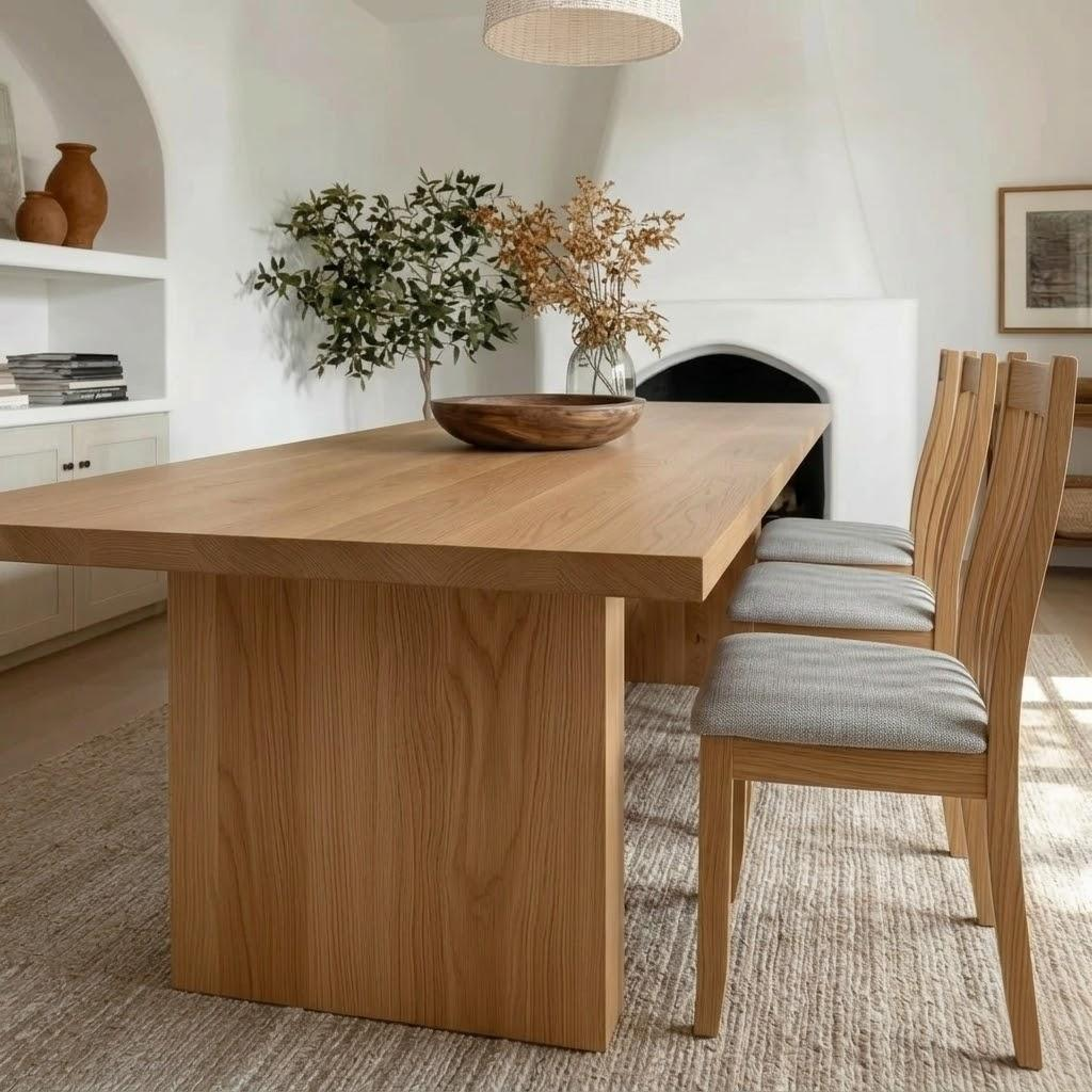 Close up view of a wooden dining table in a well furnished home