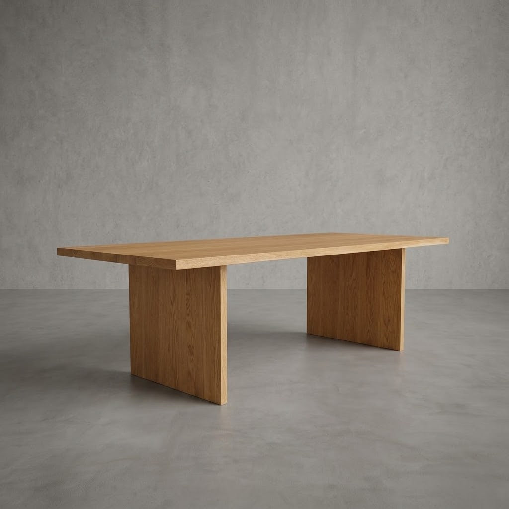 A rectangular wooden dining table with a natural oak finish, featuring a thick top and blocky pedestal legs, set against a textured gray concrete wall and floor.