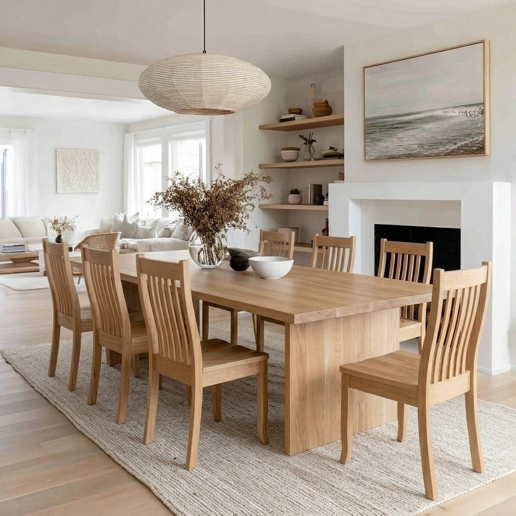 A light natural wood dining table with six matching slatted chairs in a bright, modern dining room with a fireplace, built-in shelves, and a large woven pendant light overhead.