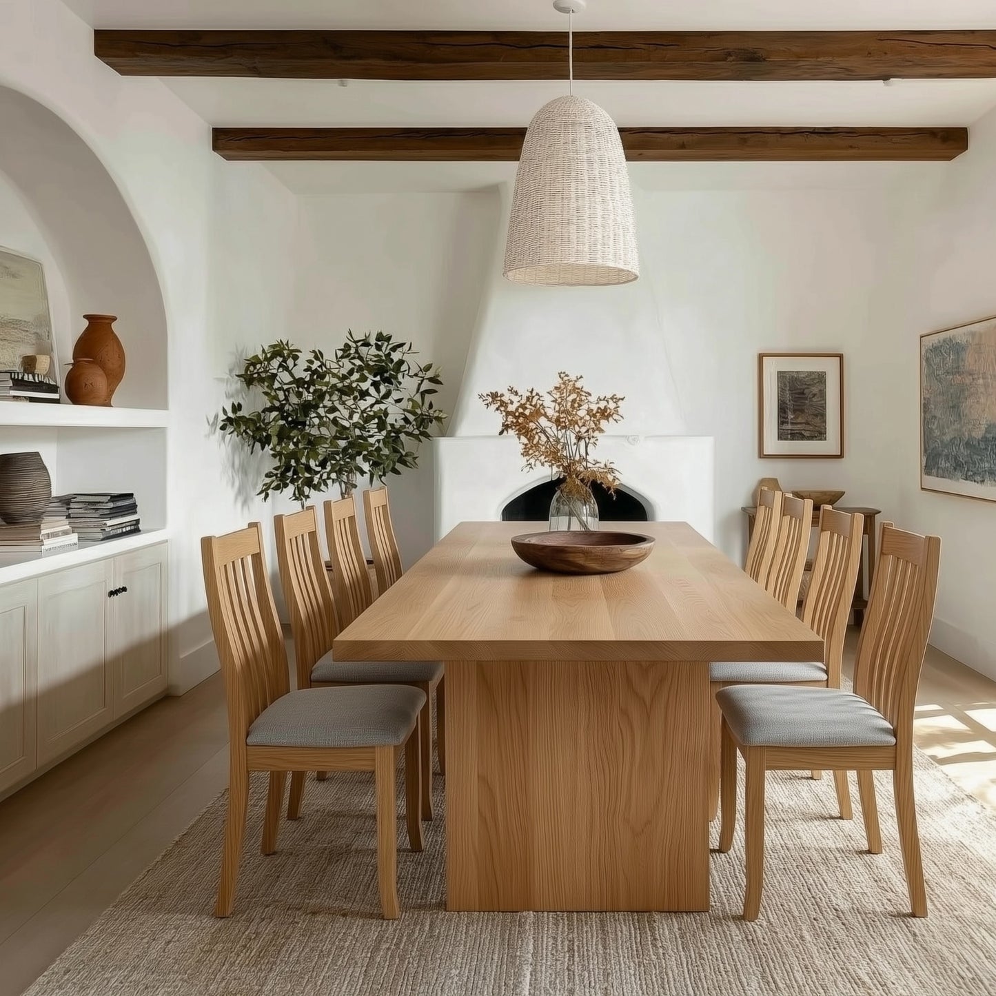 Dining room with wooden table and chairs, white walls, and decorative elements.