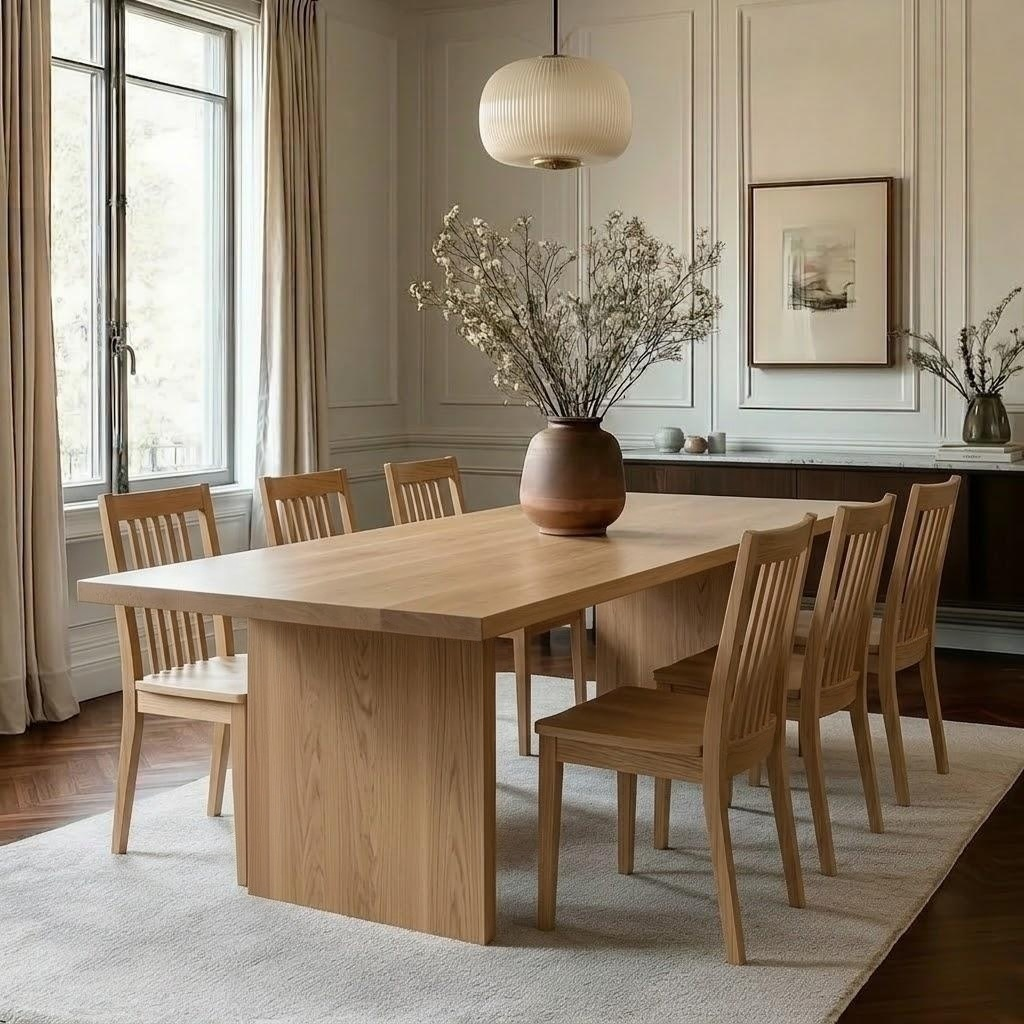 A light oak wood dining table with six matching wooden chairs, styled in a bright, elegant dining room with a large terracotta vase of dried branches on top.