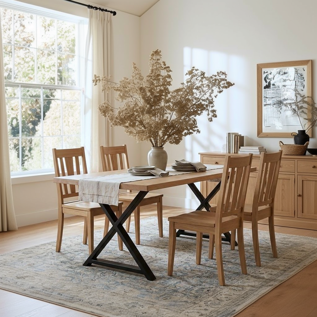 Dining room with wooden table and chairs, large window, and decorative elements.