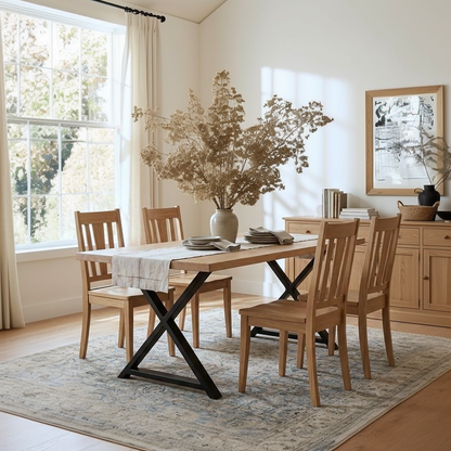 Dining room with wooden table and chairs, large window, and decorative elements.