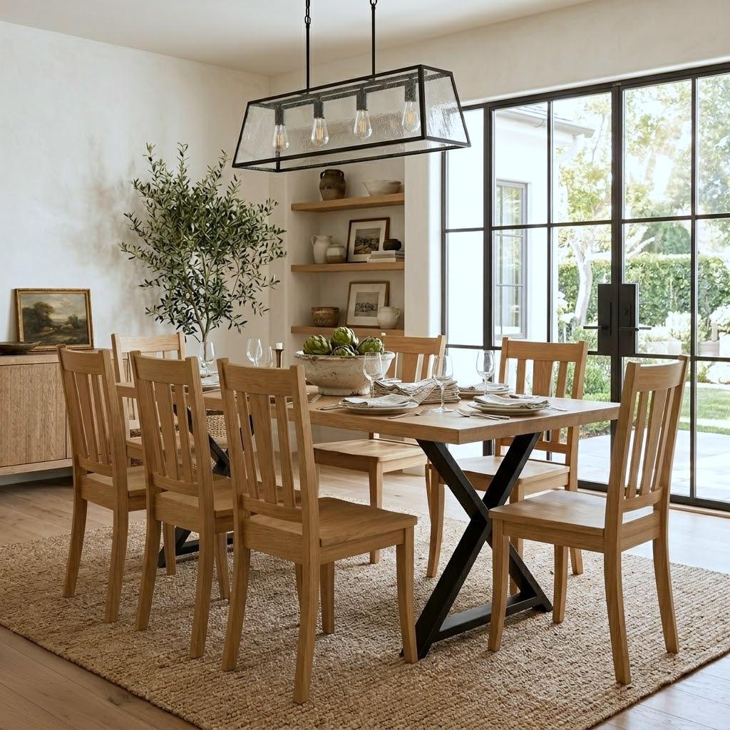 Dining room with wooden table and chairs, large window, and decorative elements.