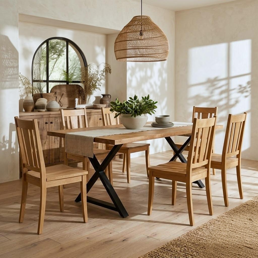 Dining room with wooden table and chairs, large window, and decorative elements.