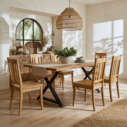 Dining room with wooden table and chairs, large window, and decorative elements.