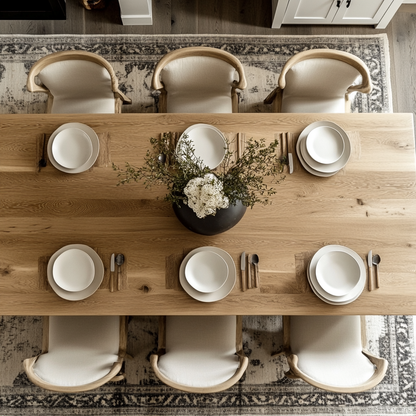 Top down view of an oak dining table with white upholstered chairs and a light brown rug