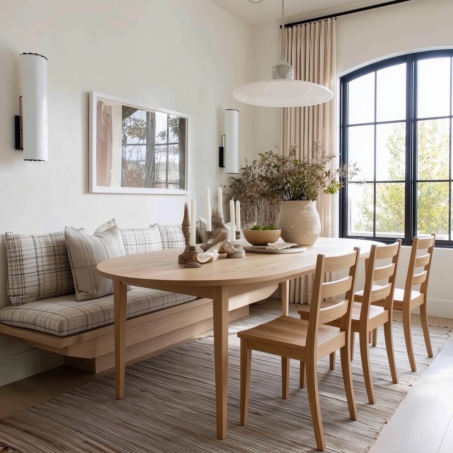 Dining room with wooden table and chairs, large window, and decorative elements.