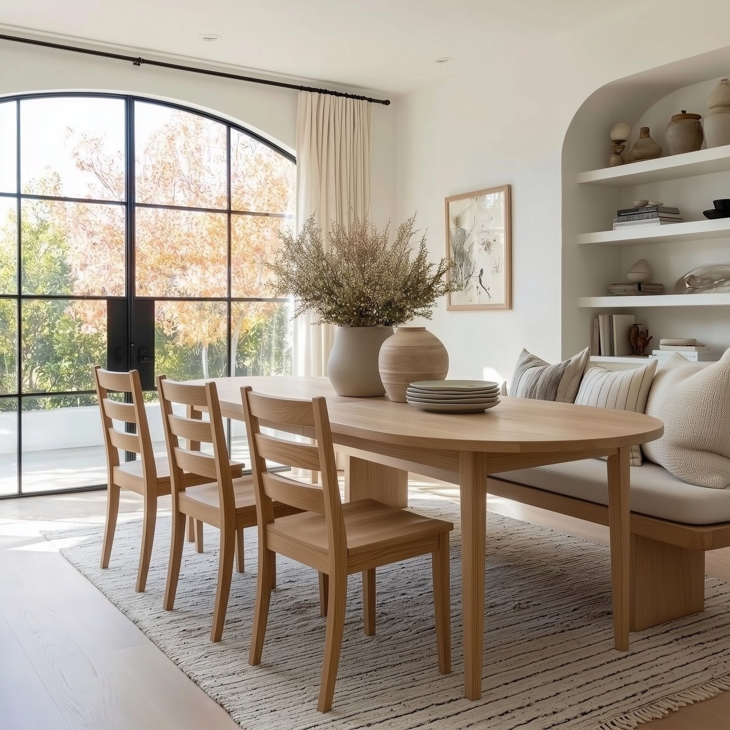 Dining room with wooden table and chairs, large windows, and decorative elements.