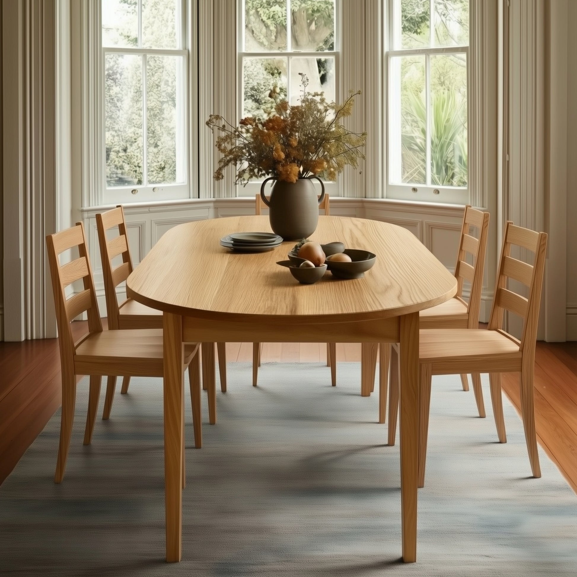 Dining room with wooden table and chairs near large windows.