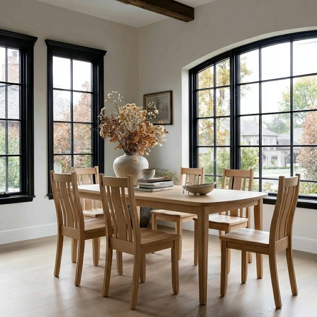 Dining room with wooden table and chairs near large windows.
