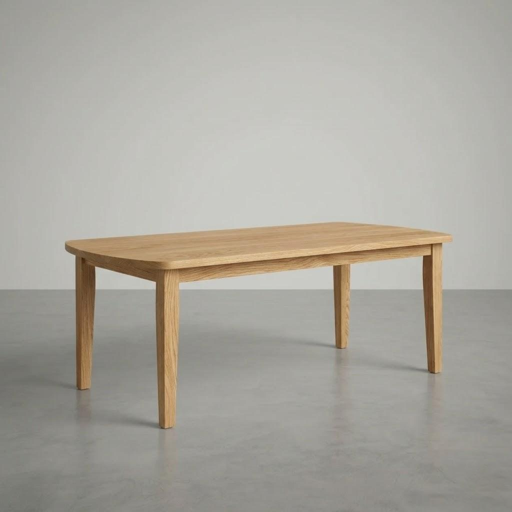Wooden table on a gray floor with a neutral background