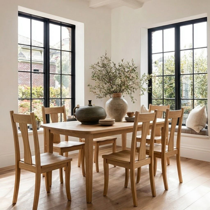 Dining room with wooden table and chairs, large windows, and decorative elements.