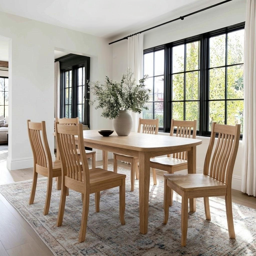 Dining room with wooden table and chairs in a bright room with large windows.