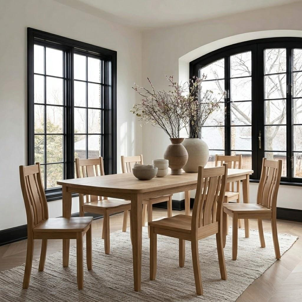 Dining room with wooden table and chairs near large windows