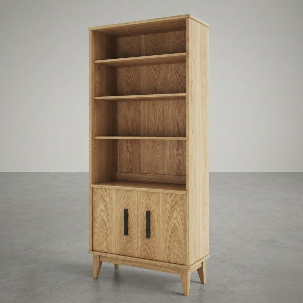 Wooden bookshelf in a large empty space