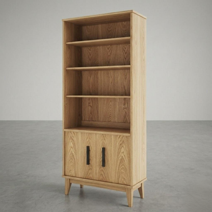 Wooden bookshelf in a large empty space