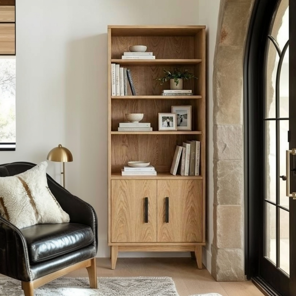 Wooden bookshelf with decorative items in a room with a black armchair and a lamp.