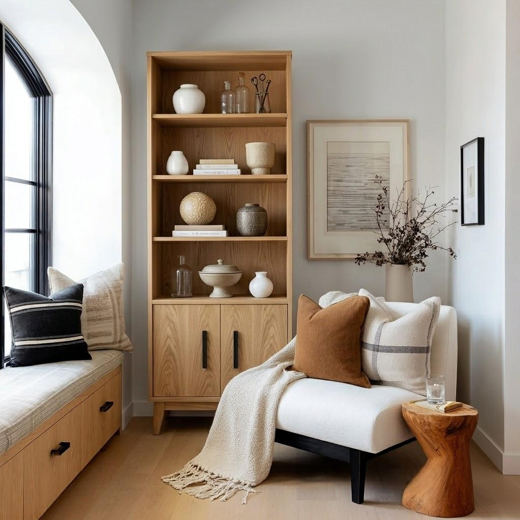 Nest living room with wooden bookshelf, white sofa, and decorative items.