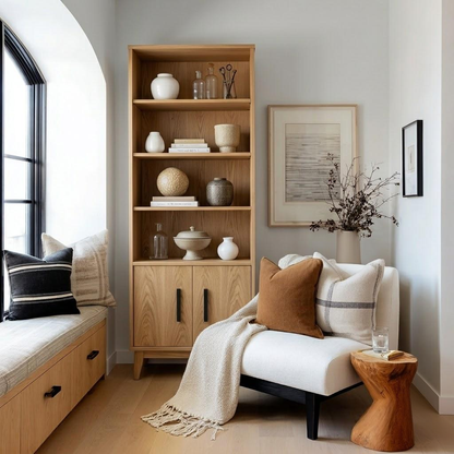 Nest living room with wooden bookshelf, white sofa, and decorative items.