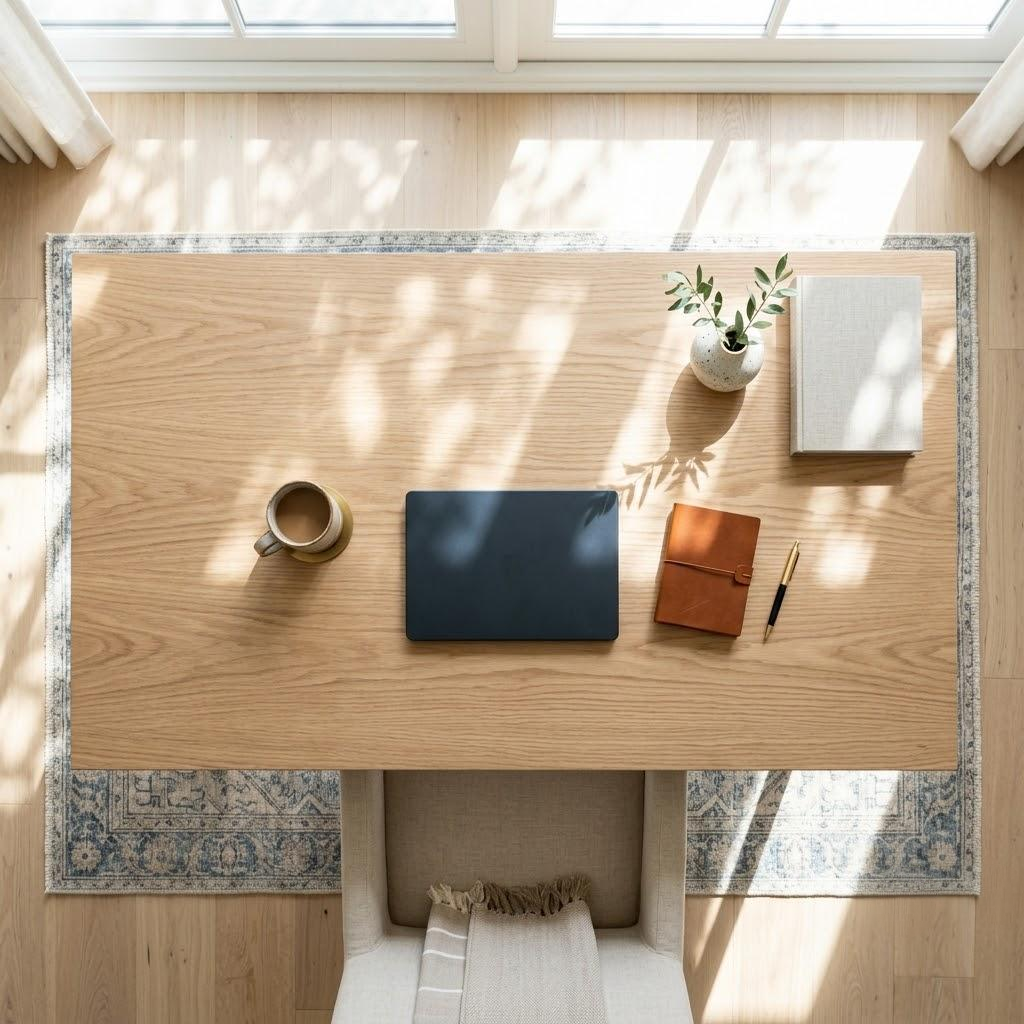 A top-down view of a light oak wood writing desk styled with a navy laptop, a brown leather notebook, a small potted plant, a mug, and a book, set on a patterned rug over a light wood floor.