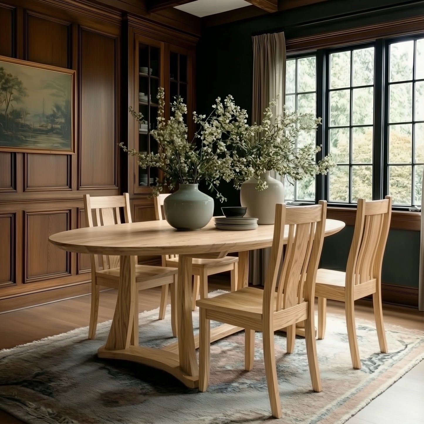 Dining room with wooden table and chairs, large windows, and decorative elements.