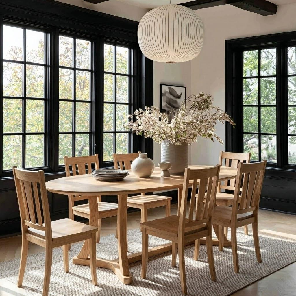 Dining room with wooden table and chairs, large windows, and decorative vase with flowers.