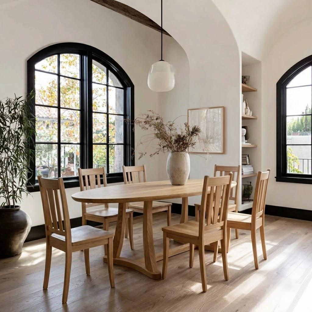 Dining room with wooden table and chairs near large windows.