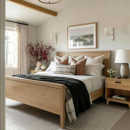 Bedroom with wooden bed, pillows, and a large window.
