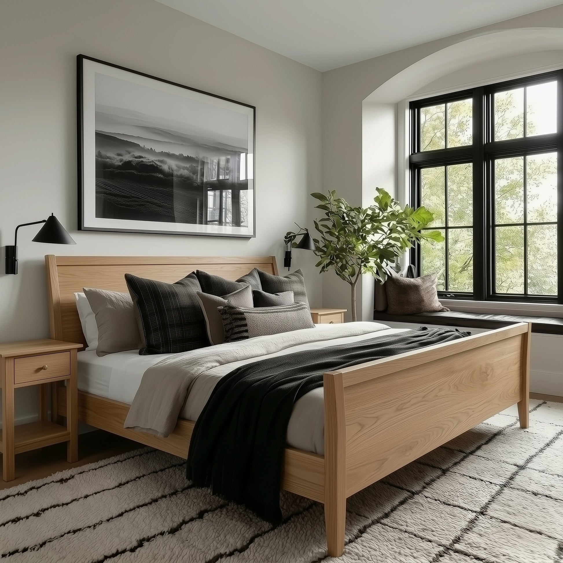 Bedroom with wooden bed, pillows, and a large window.