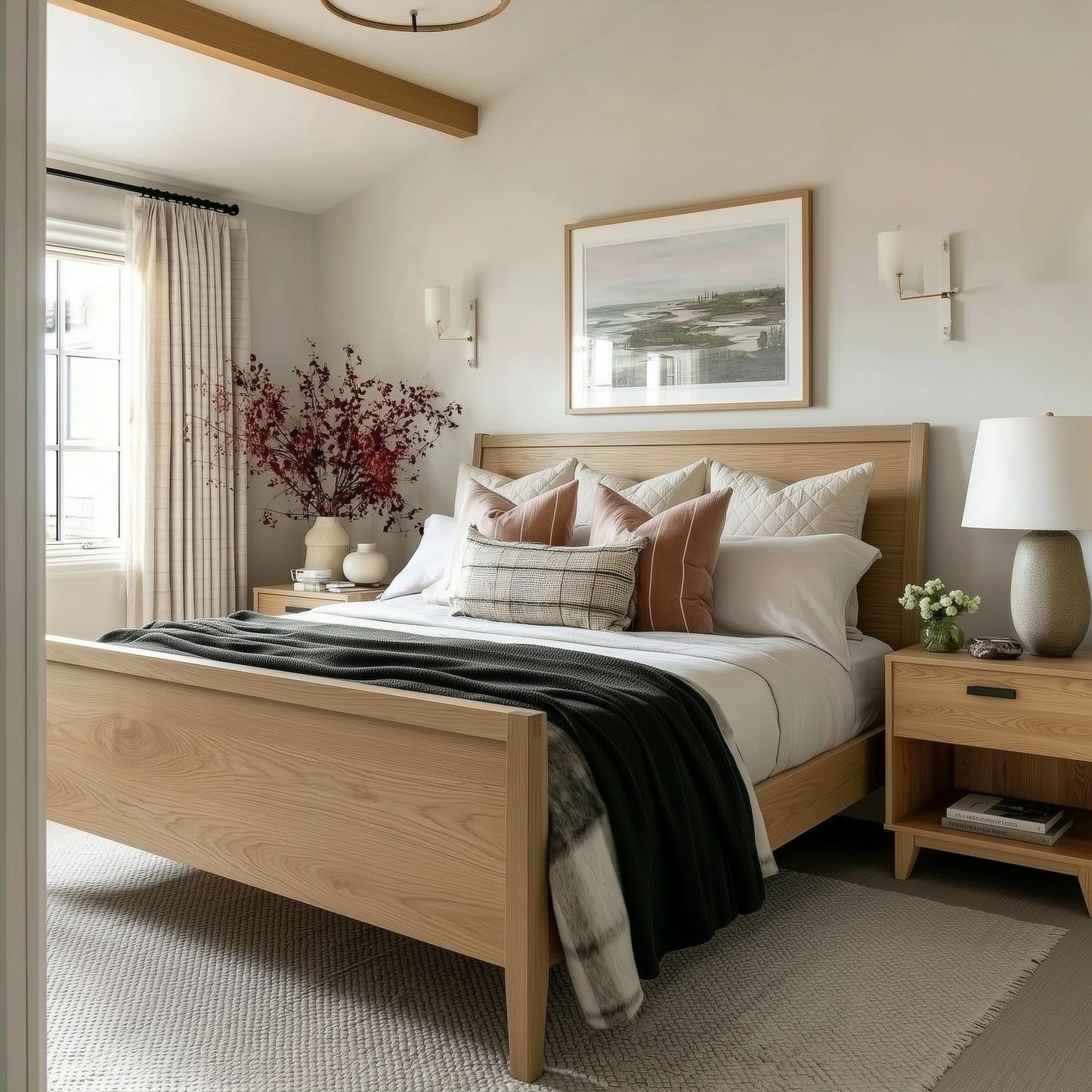 Bedroom with wooden bed, pillows, and a large window.