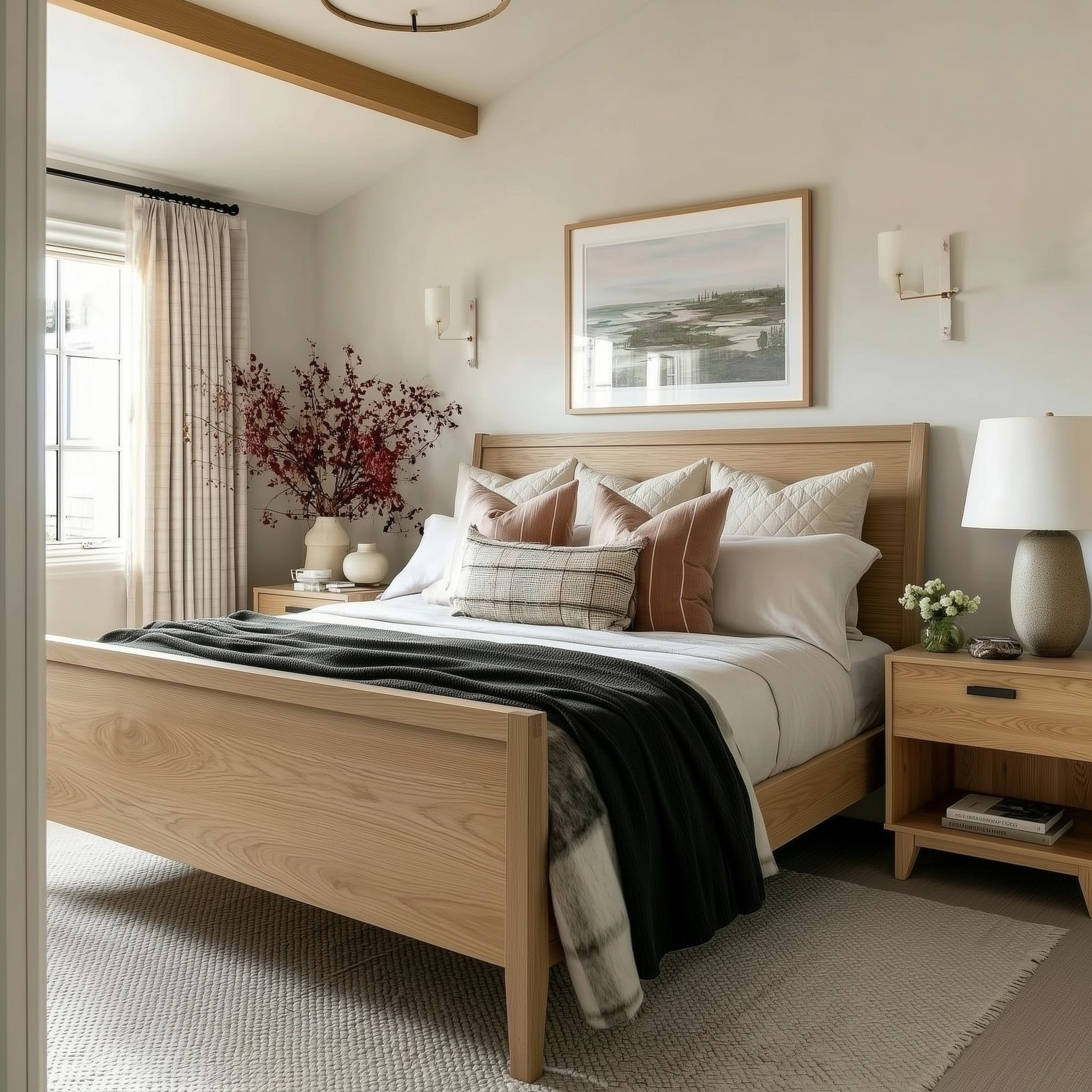 Bedroom with wooden bed, pillows, and a large window.