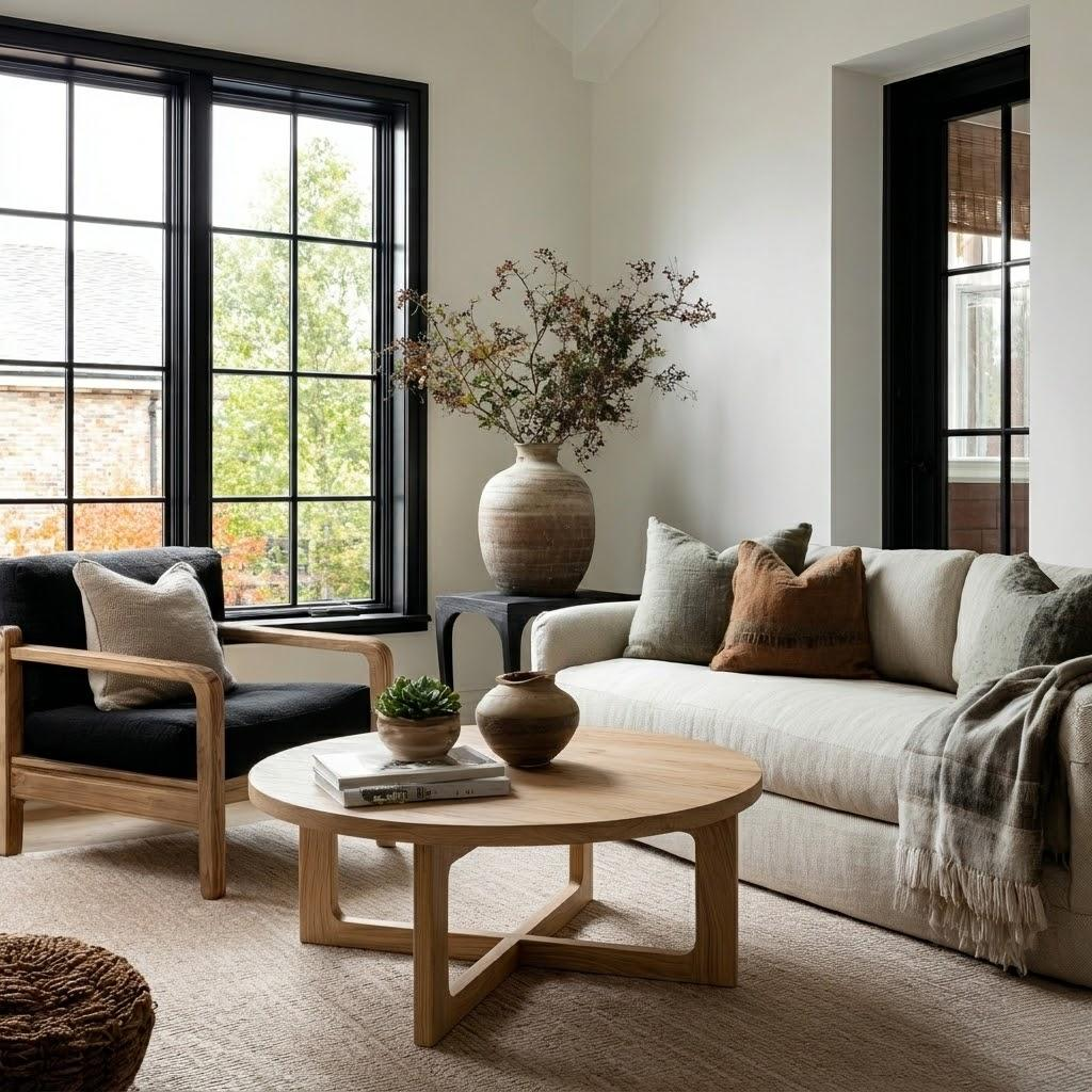 Modern living room with a sofa, armchair, coffee table, and decorative elements.