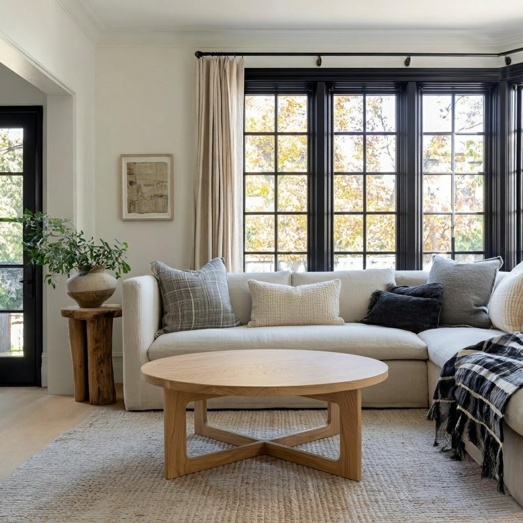 Living room with beige sofa, wooden coffee table, and large windows.