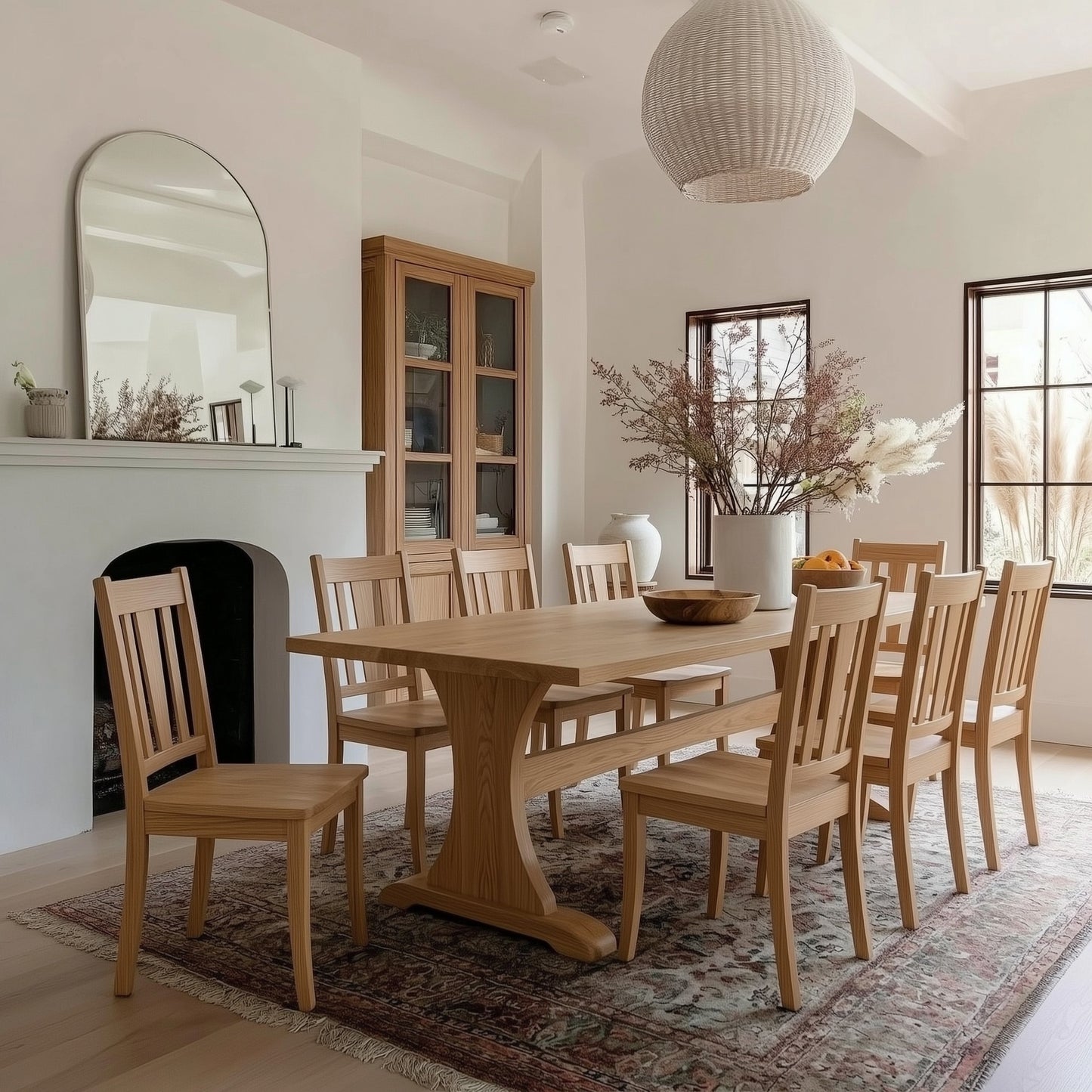 Dining room with wooden table and chairs, fireplace, and large mirror.