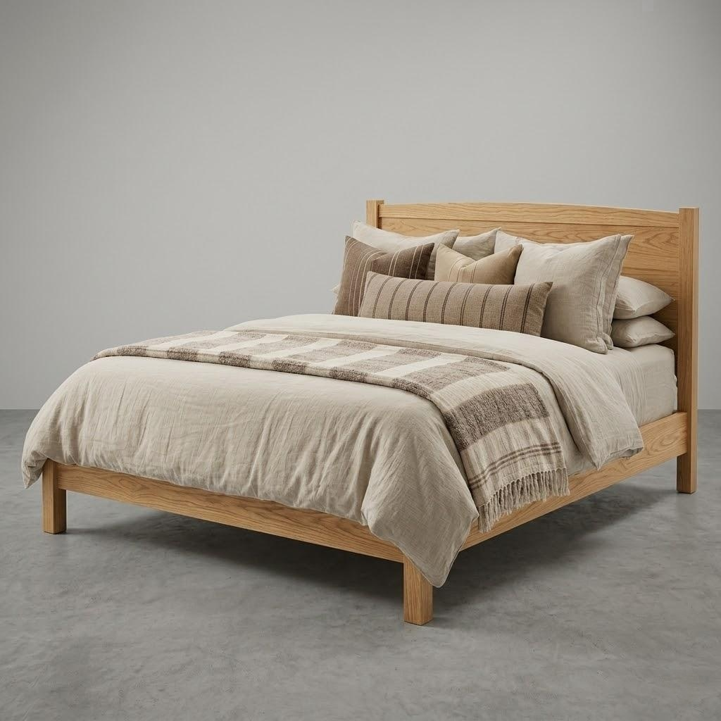 Wooden bed with beige bedding and pillows against a gray background