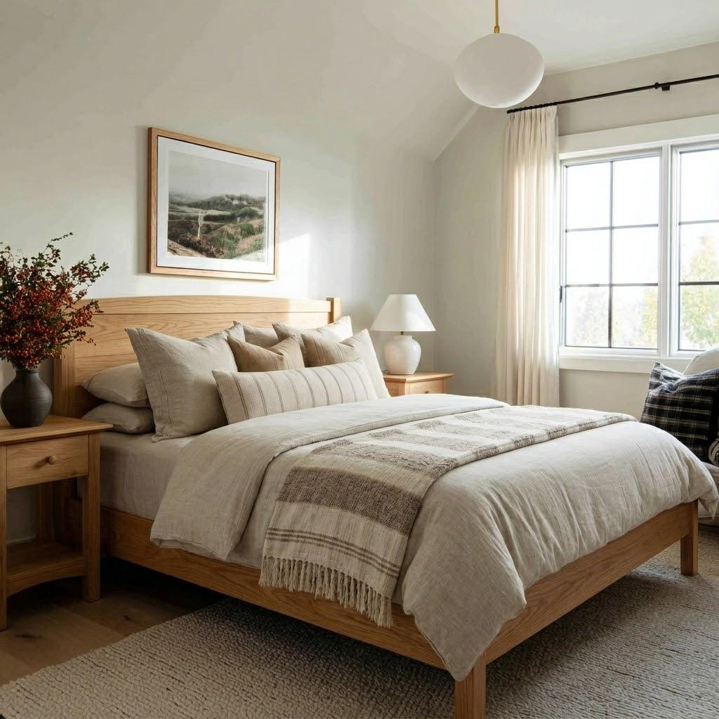Neatly made bed with wooden headboard in a well-lit bedroom.