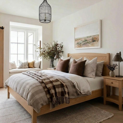 Neatly made bed with wooden headboard and side tables in a bedroom setting.