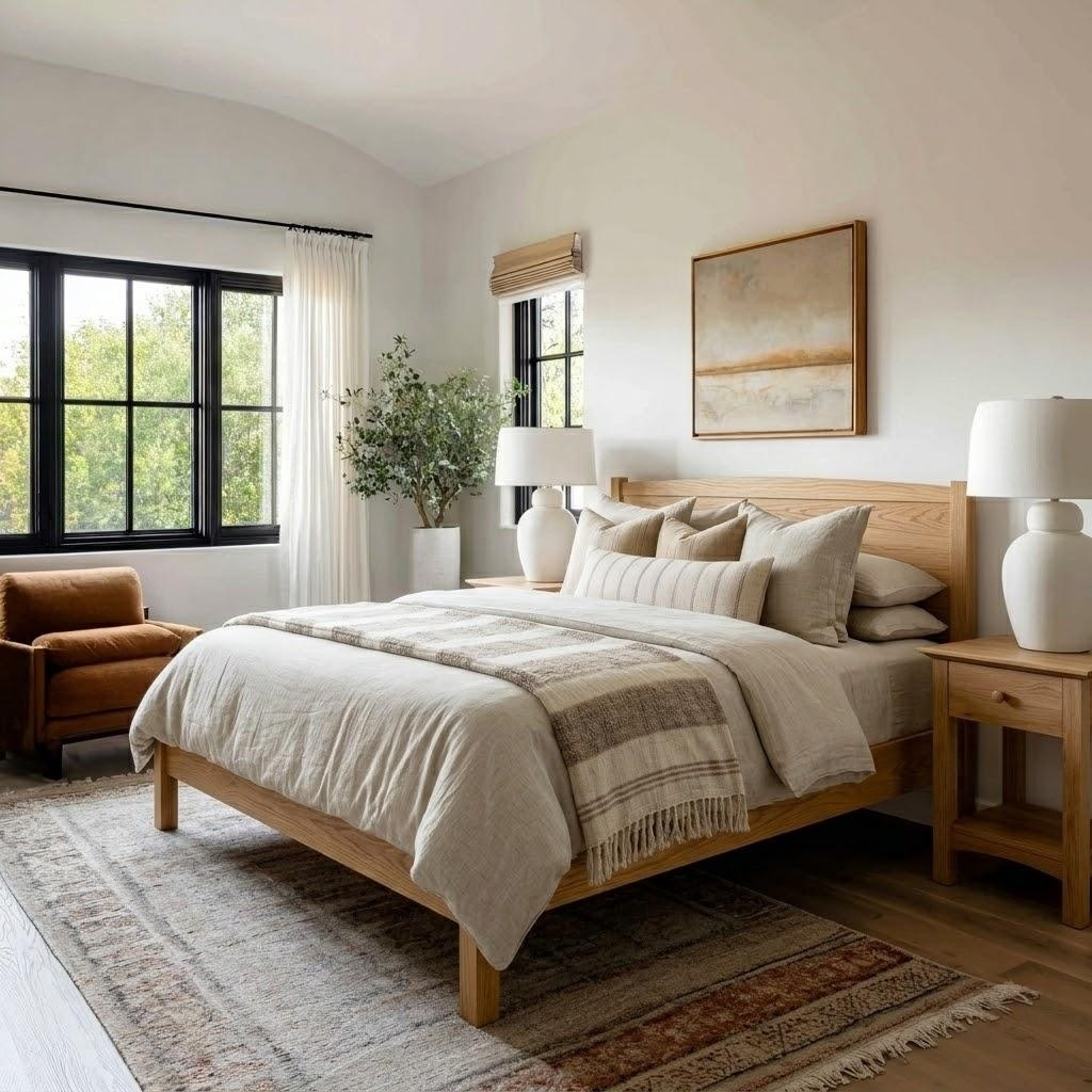 Neatly made bed in a bedroom with wooden furniture and decor