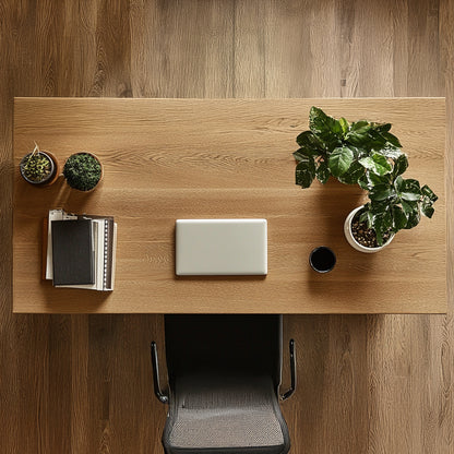 Top down view of an oak desk top