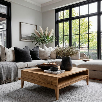 Living room with a beige sectional sofa, wooden coffee table, and large windows.