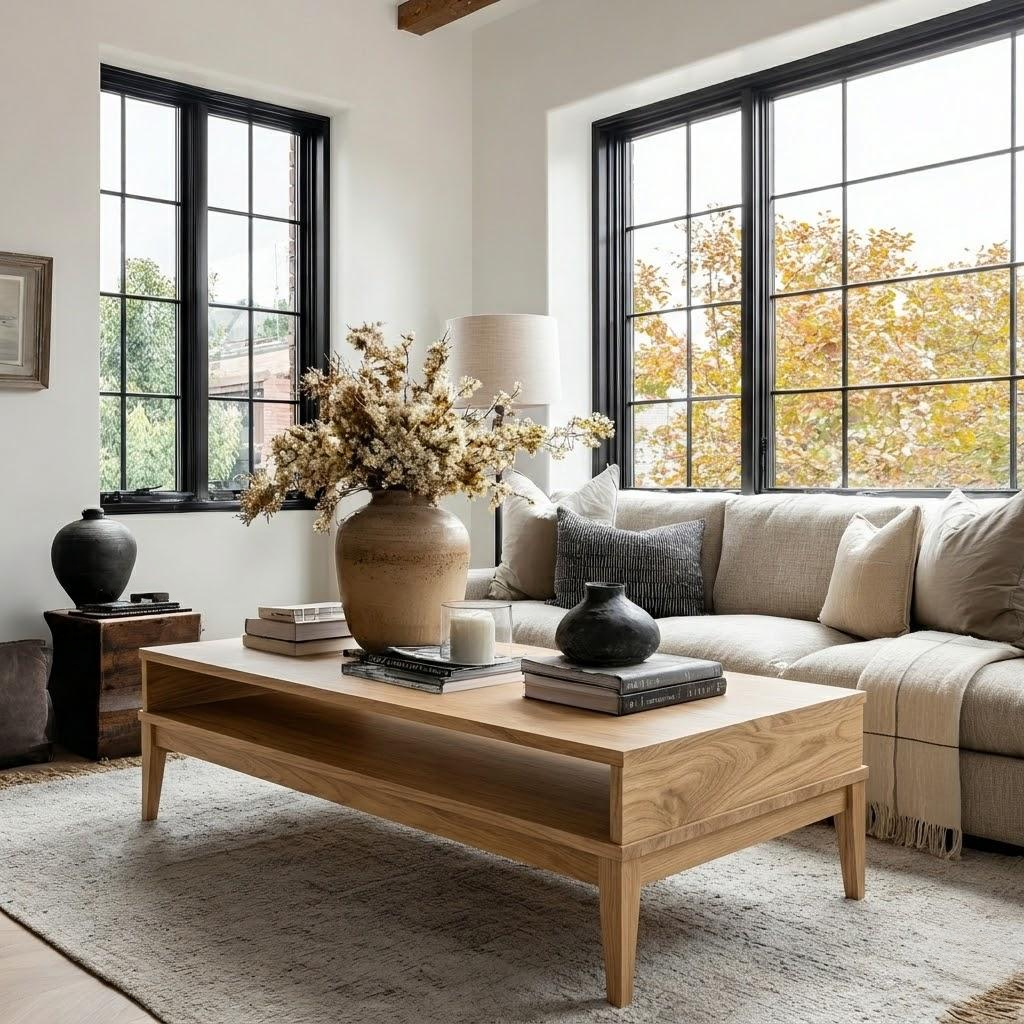Living room with beige sofa, wooden coffee table, and large windows.