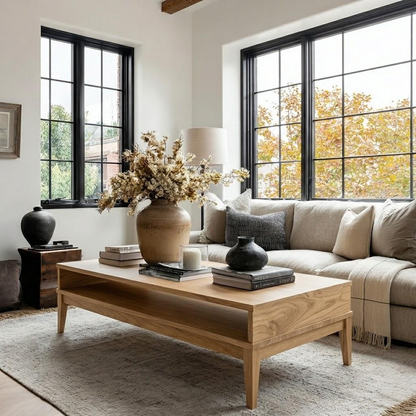Living room with beige sofa, wooden coffee table, and large windows.