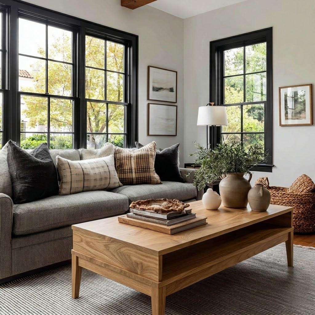 Living room with a gray sectional sofa, wooden coffee table, and large windows.