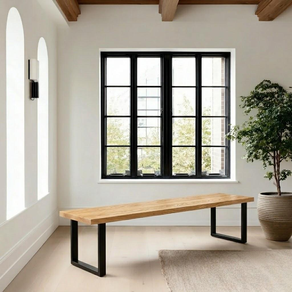 A modern wooden bench with a light oak top and black metal U-shaped legs, positioned in a bright, minimalist room with a large black-framed window, a potted tree, and a beige rug.