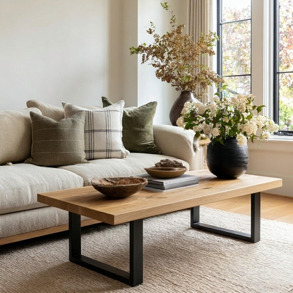 Living room with a beige sofa, wooden coffee table, and decorative elements.