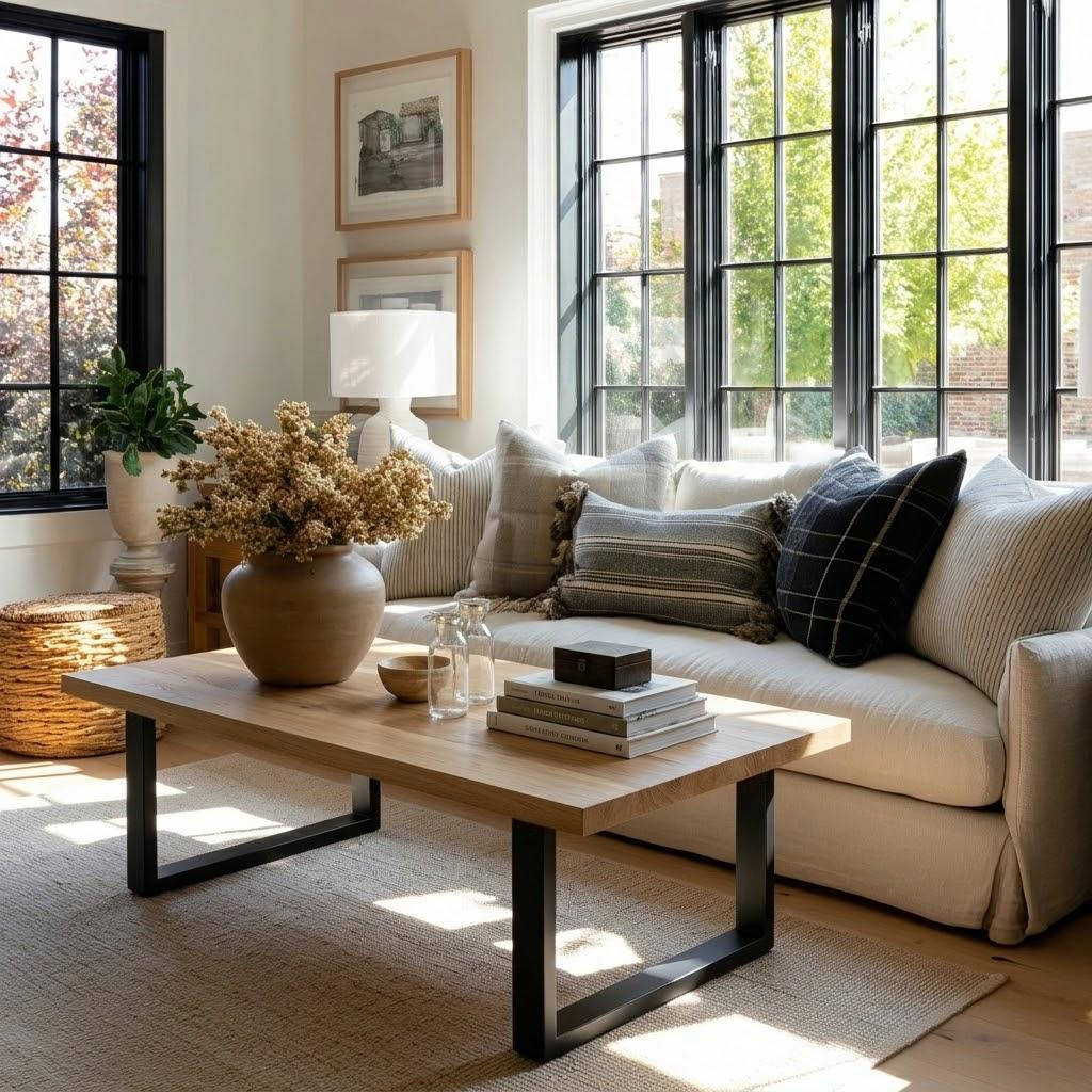 Living room with a beige sofa, wooden coffee table, and large windows.