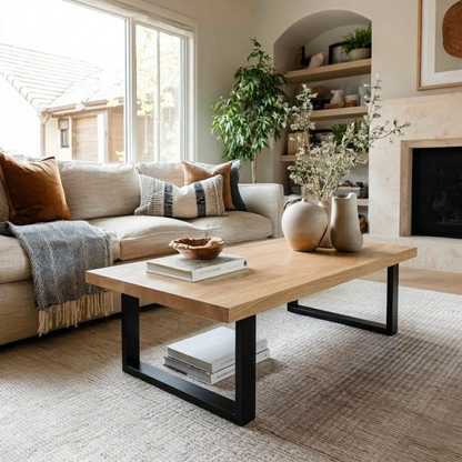 Living room with a beige sofa, wooden coffee table, and decorative elements.